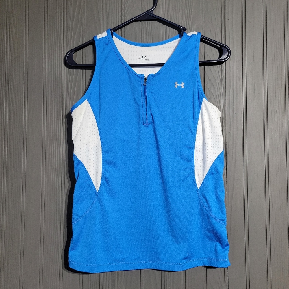 Under Armour Pace Singlet Tank Top 1/4 Zip Shirt Built-in Bra Blue Women's Large